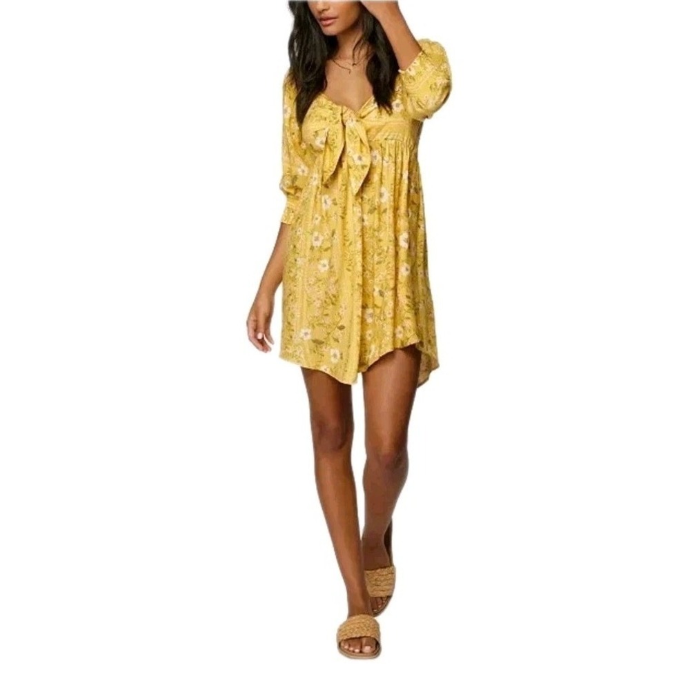O'Neill Yellow Babydoll Dress, Beachy, Mindy Floral Mini Tie Front Juniors Small